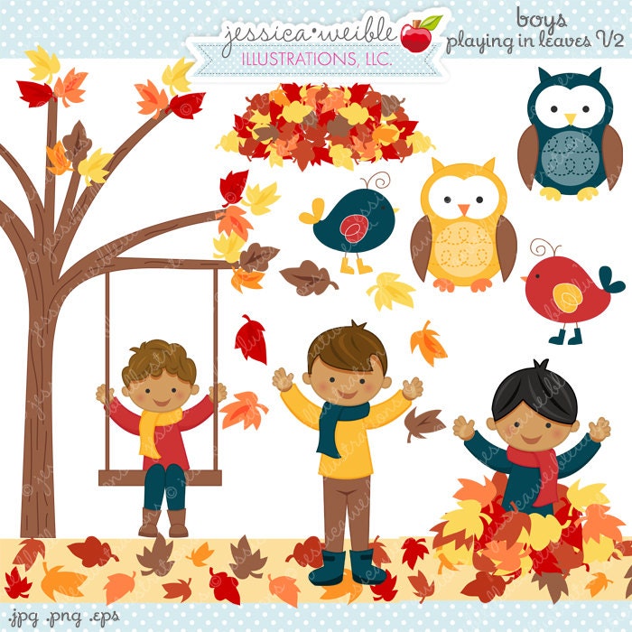Boys Playing in Leaves V2 Cute Digital Clipart - Commercial Use OK - Autumn Clipart, Autumn Boys Graphics, Autumn Leaves, Digital Art Il_570xn