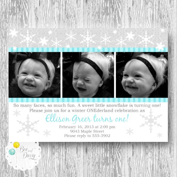 Gray Aqua Snowflakes Printable Photo Invite for Birthday Party or Baby Shower DIY Invitation by BeeAndDaisy Il_570xn