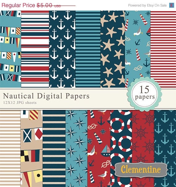 40% OFF SALE Nautical scrapbook paper 12x12, nautical digital scrapbooking paper, royalty free- Instant Download Il_570xn