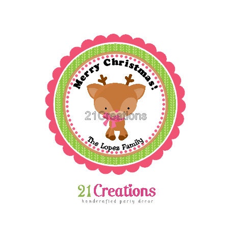 Reindeer Pink Christmas Stickers - set of 12 Il_570xn