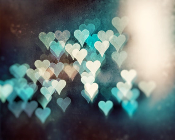 Abstract Heart Photography - teal turquoise brown beige print, large love dark photo, sparkle lights wall art decor, "Whispers of the Heart" - CarolynCochrane