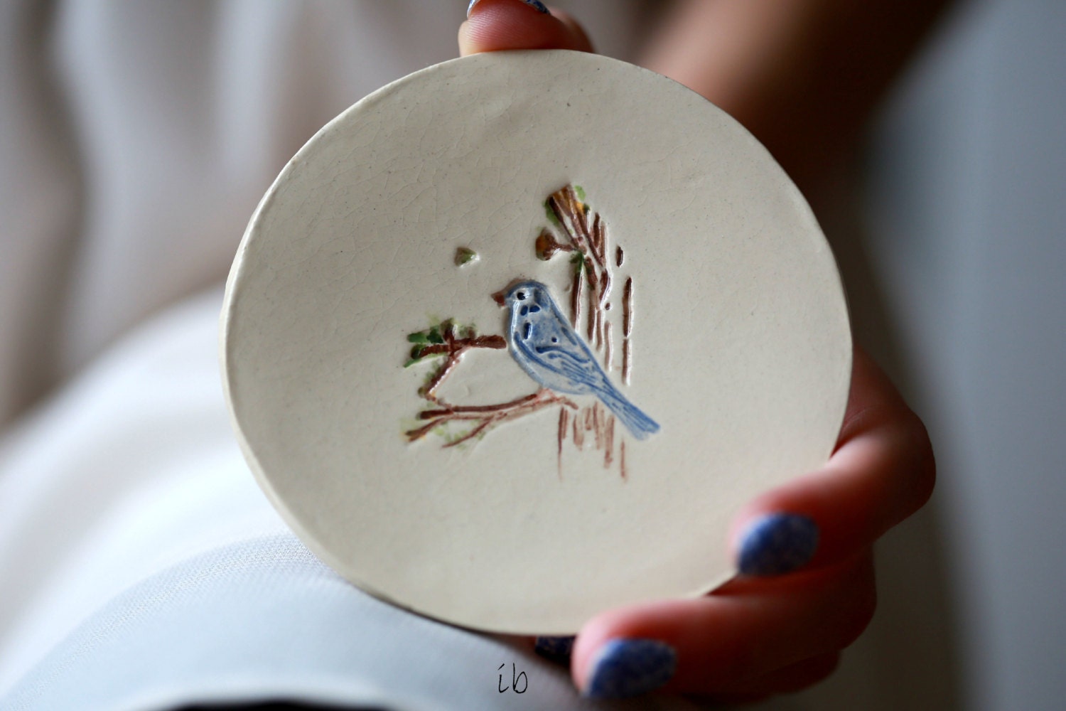 Valentine's Day Ceramic Jewelry Dish White  Little Blue Bird Dish Colorful Home Decor Pottery Plate Recycled Box - Ceraminic