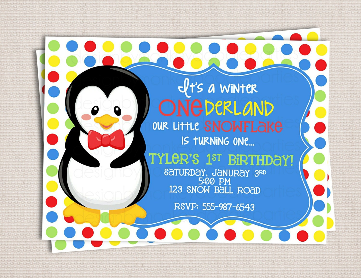 Winter ONEderland Polka Dot Boy Penguin Birthday Party Printable Invitation Digital File Il_570xn
