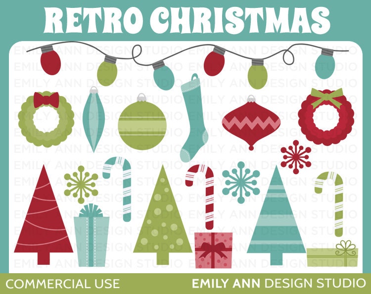 DOLLAR SALE Black Friday Cyber Monday - Retro Christmas Cute Clip Art - christmas tree candy cane ornaments lights - Commercial Use Il_570xn