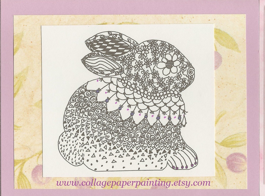 sweet lavender bunny zentangle black and white doodle art blank note card whimsy to give or keep original by inkspired - collagepaperpainting