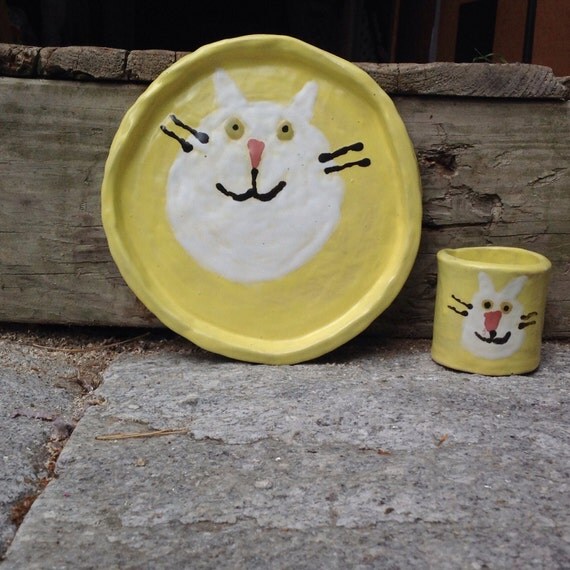 Ceramic cat plate and cut set cute stoneware by AmazingCaitlin