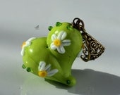 Lampwork Pendant Handmade Glass Jewelry Green and Floral Heart Valentine - FireMonkeyCreations