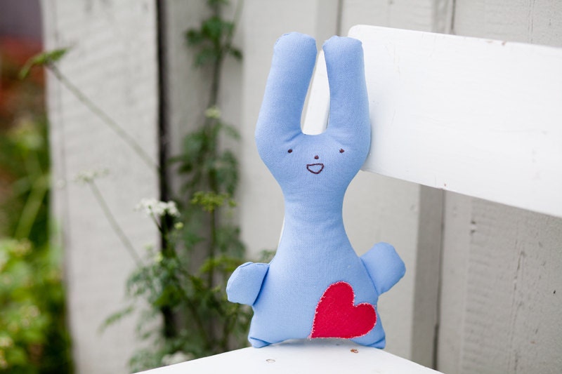 Blue Embroidered bunny  - Cotton Plush Stuffed toy - MeadowDewDesigns