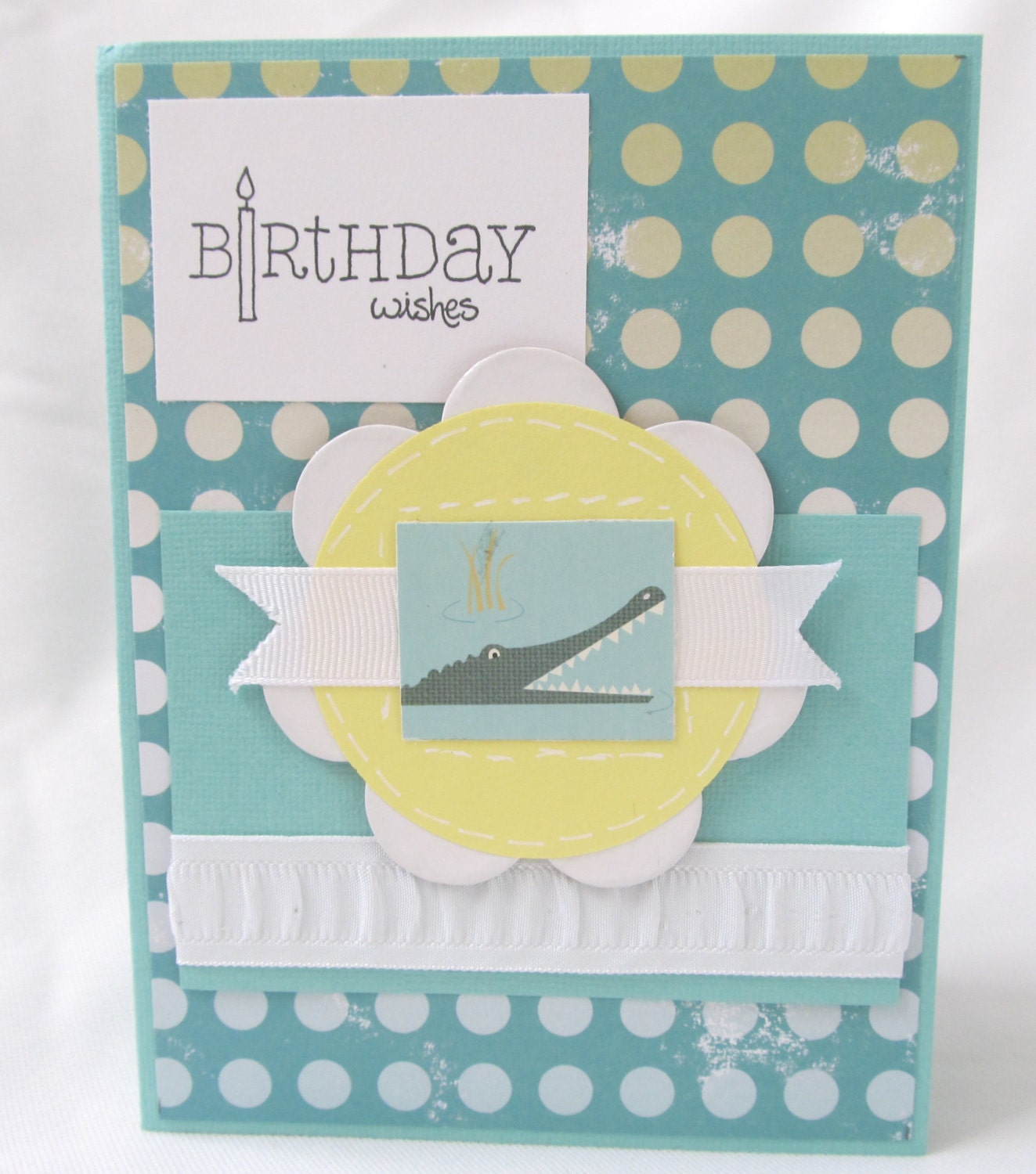 Handcrafted Card - Birrthday Card - Child's Birthday Card - Happy Birthday - Alligator - Turquoise and Yellow - Blank Card - Hand Stamped - PrettyByrdDesigns