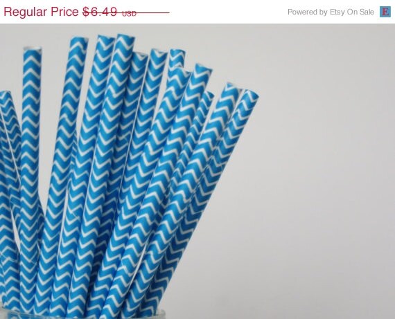 Cyber Week SALE 10% OFF 50 Bright Blue and White CHEVRON Paper Straw - ships less than 24 hours Il_570xn