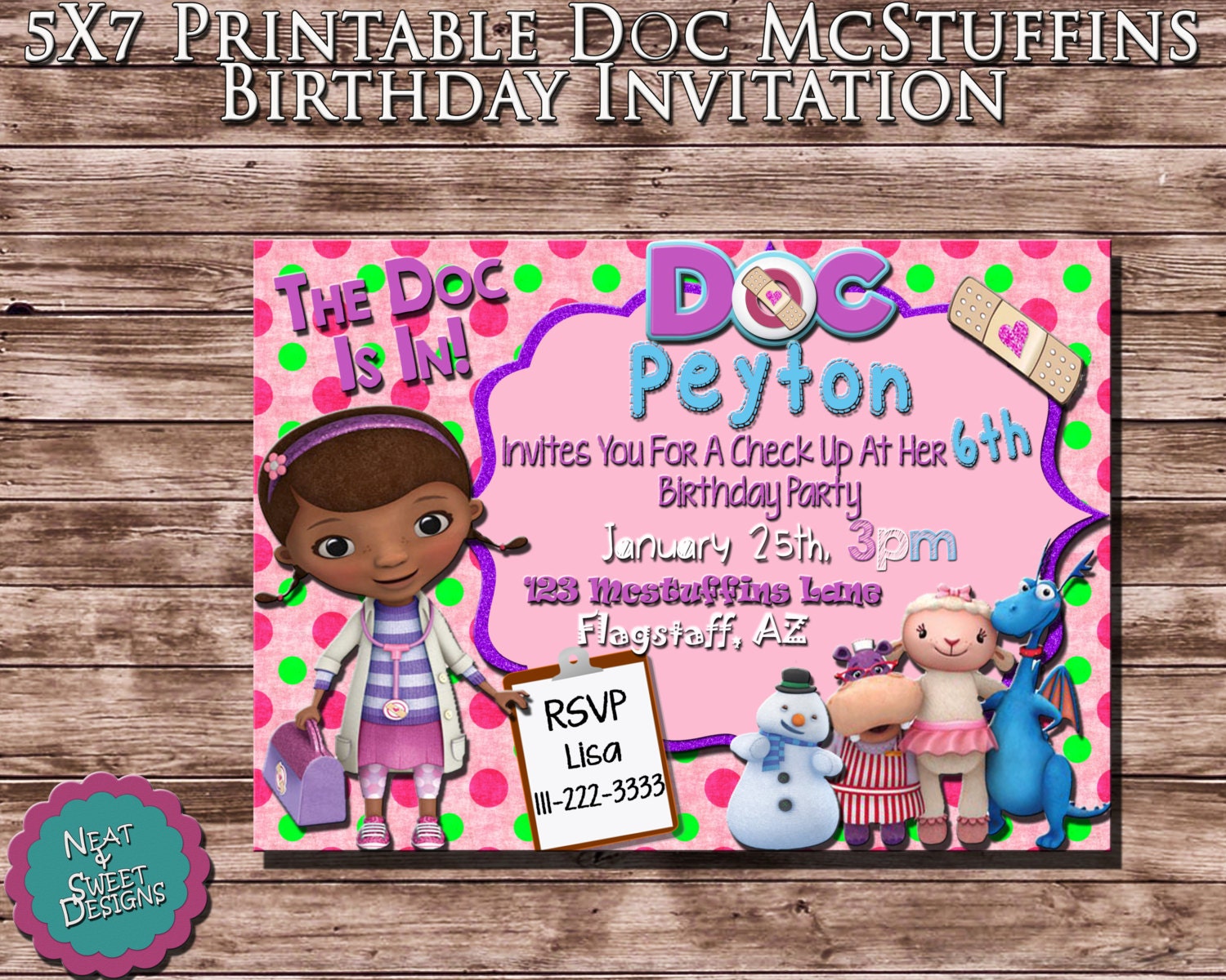5 X 7 Printable Doc McStuffins Birthday Invitation - Disney Doc Mcstuffins Invite - Girl Doctor Invitation - Doc Mcstuffins Party