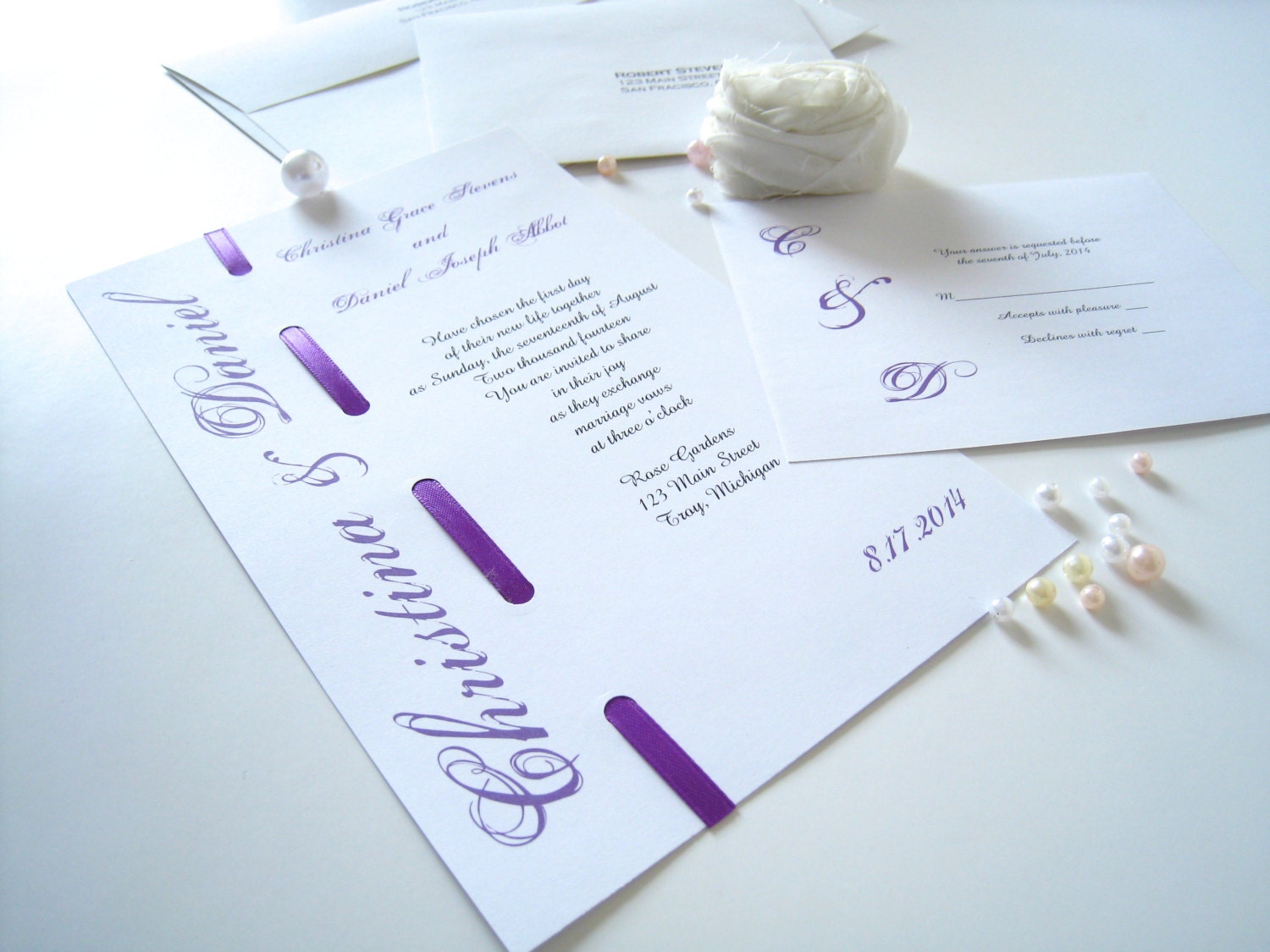 Elegant wedding invitation with ribbon - PaperLovePrints
