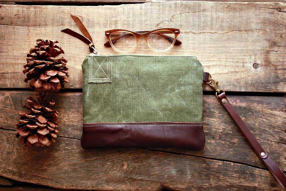 Canvas pouch wristlet in Upcycled Army canvas and leather trim Unisex --READY TO SHIP-- - cindymars7