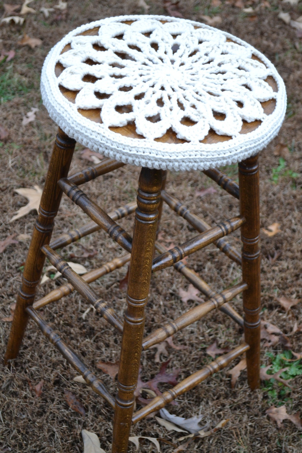 Stool 30" high with Crochet Cover Neutral Doily Granny Square Upcycle Recycle Littlestsister - LittlestSister