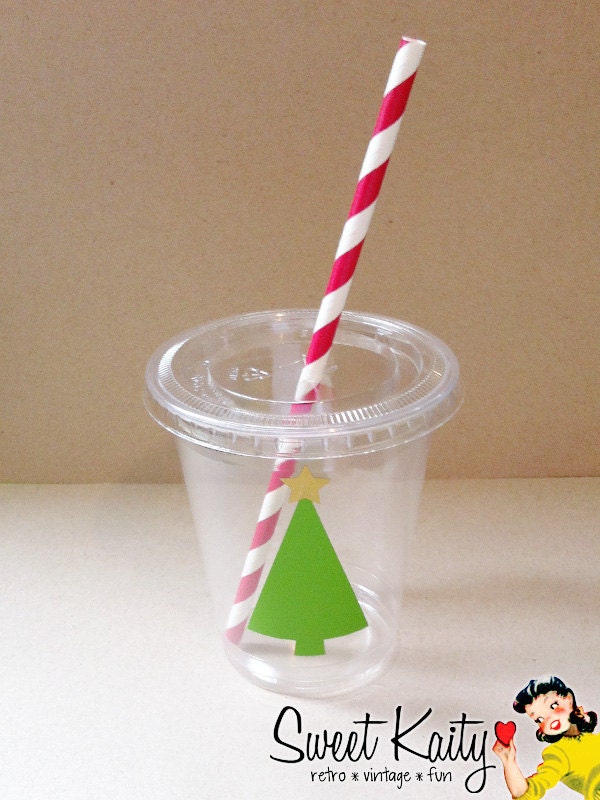 24 Christmas Tree Party Cups, Lids, and Paper Straws - 12 oz or 16 oz - Vinyl Tree Decal with Metallic Gold Star - Christmas, Holiday Party Il_570xn