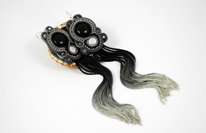 Soutache Lightweight Jewelry Long Tassel Earrings in gray black metallic antique silver crystal shaded and Onyx gemstone pill - ETSoutacheJewellery