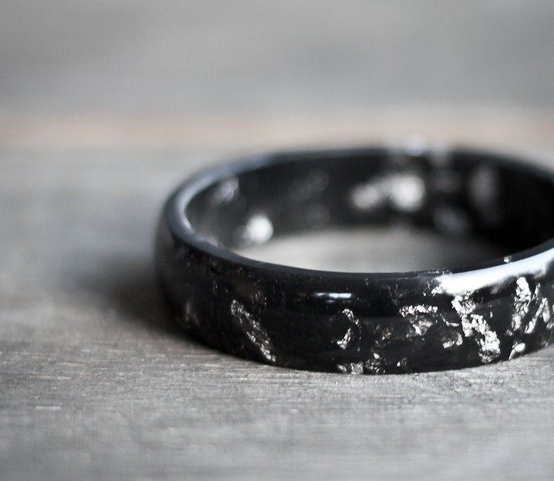 Black Resin Bangle Bracelet Silver Flakes Gothic dark charcoal black Medium Cuff OOAK neutral rustic rusteam - daimblond