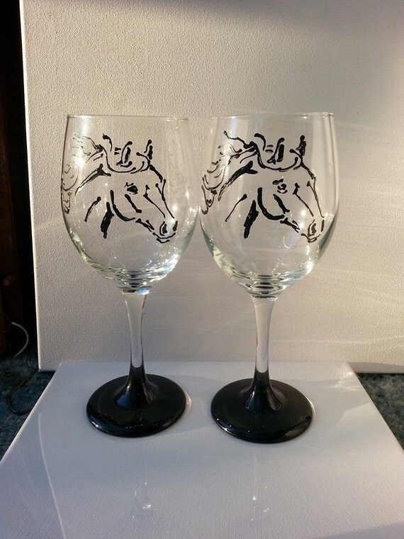 Elegant Black Horse HandPainted Wine Glasses by AtkinsonCreations