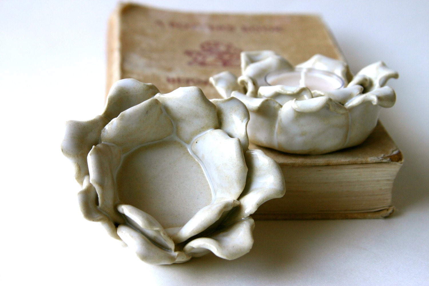 White Rose Dish - Rustic Home Decor  - Ring Holder Dish - Tealight Candle Holder - Ready to Ship - BackBayPottery
