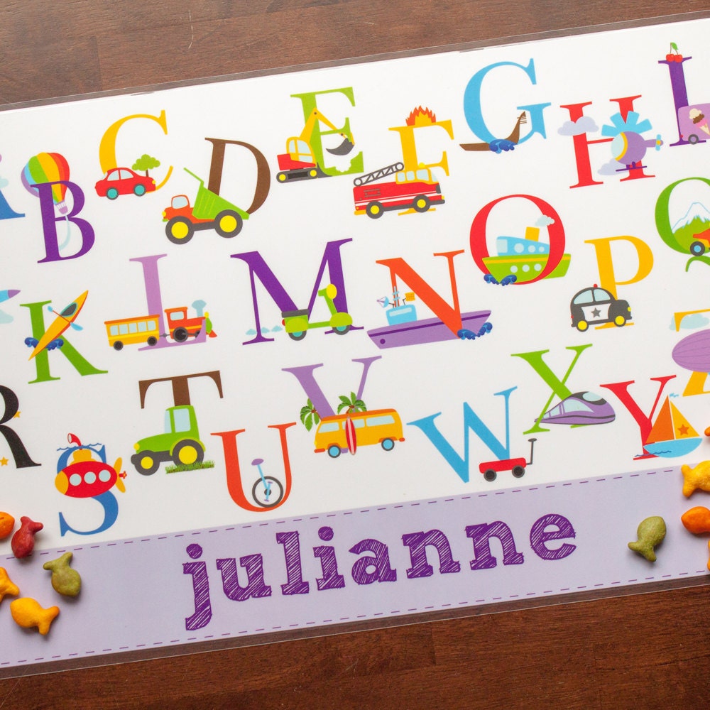 Personalized Childrens Placemat - Transportation Alphabet Girl - laminated, double-sided Il_570xn