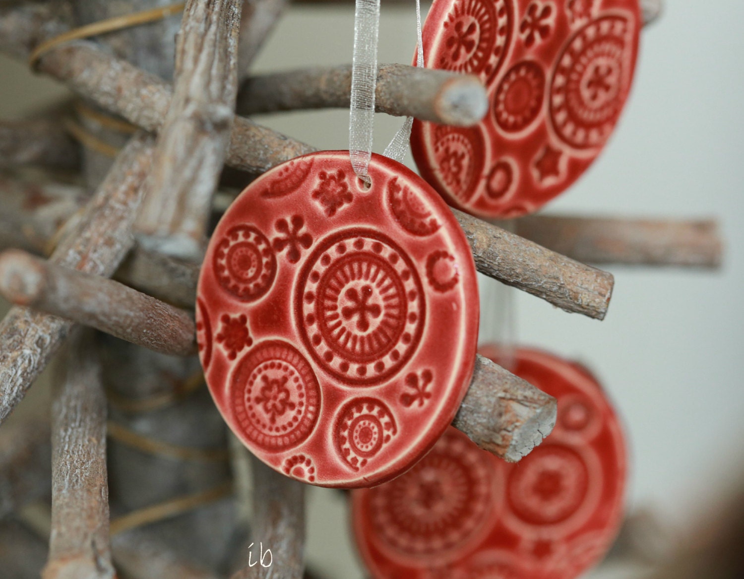 RESERVED for KARLA Red Ceramic Christmas Ornaments Lace Ceramic  Winter Home Decoration Gift Set of 3 - Ceraminic