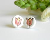 Ceramic Tulip Earrings, Spring Studs, White Studs with Red and Yellow Flower, Eco Friendly Jewelry in a Recycled Box - Ceraminic