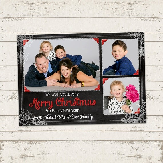 Christmas Photo Card - 5x7 or 4X6 printable download - Merry Christmas, chalkboard, photo card, holiday, 3 photo, snowflakes Il_570xn