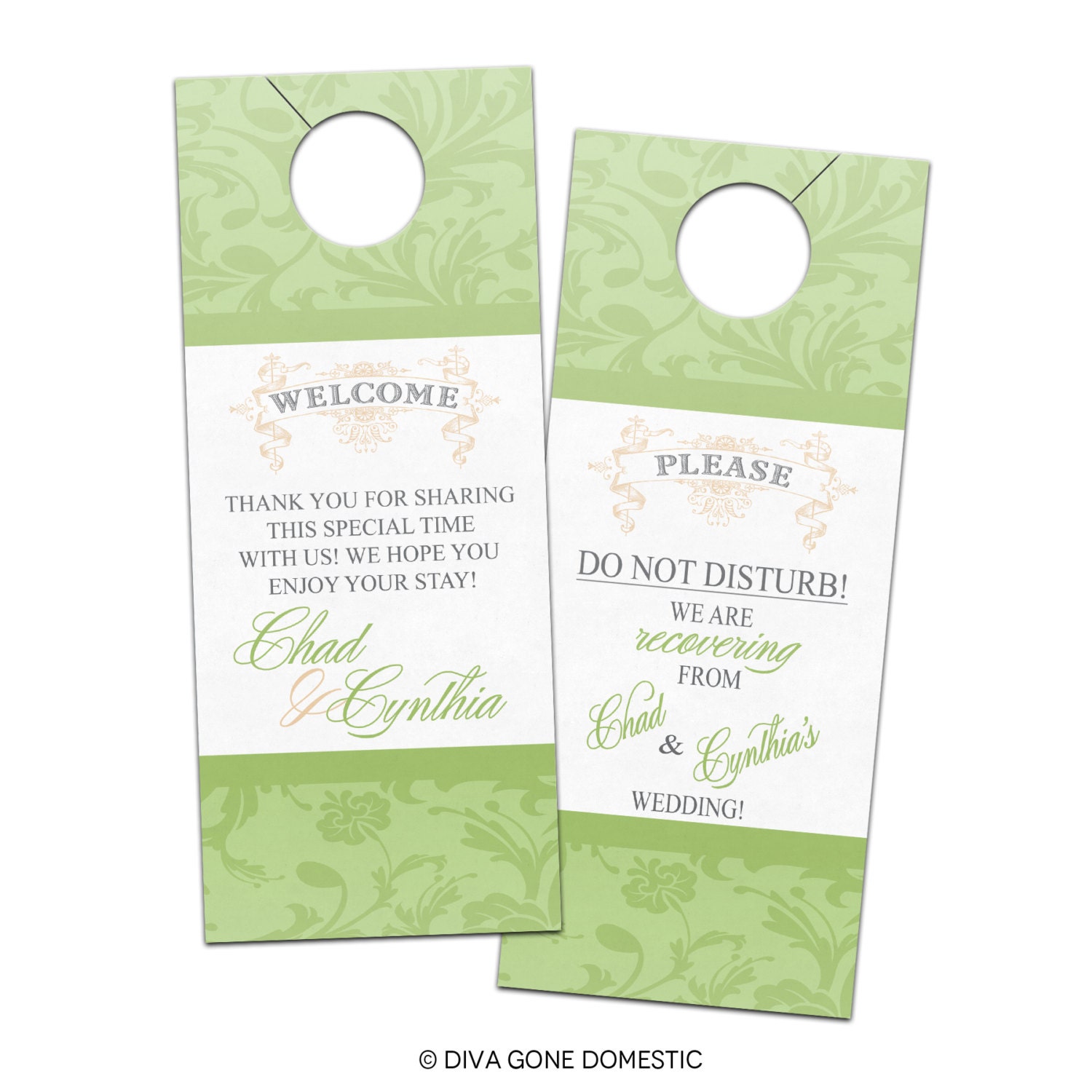 Customizable Wedding Hotel Door Hangers - Whimsical and Elegant Flourish Banner Script - Bridal Door Hanger for Guests or Welcome Bags Il_570xn