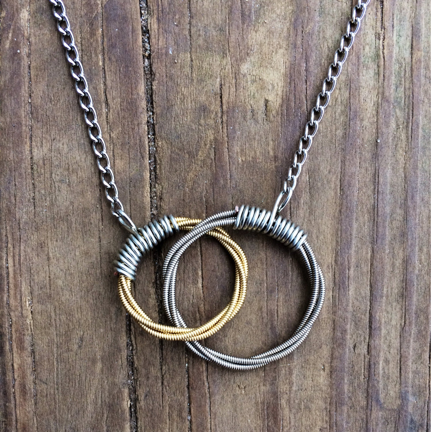 Guitar String Necklace, Two Hearts Linked - Two Toned    Interlocking Circles Silver Necklace, Gold Pendant - Guitar String Jewelry - LuckyStrings