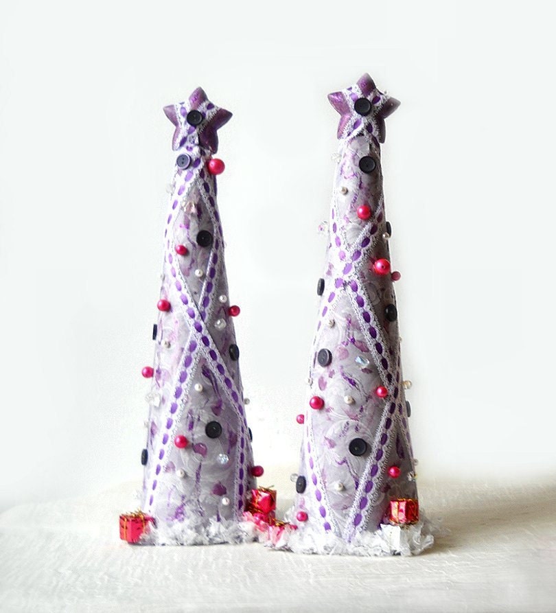 2 Purple Lace Wrapped Christmas Trees, Cottage Chic Decor - AlteredEcoDesigns