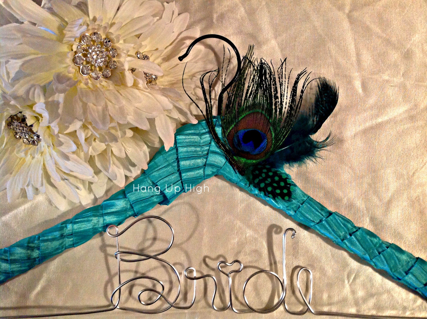 Wedding Dress Hanger wrapped in Teal ribbon with Peacock Feathers.Bridesmaids,bride,wedding,gift,wedding gift,bridal,flower girl