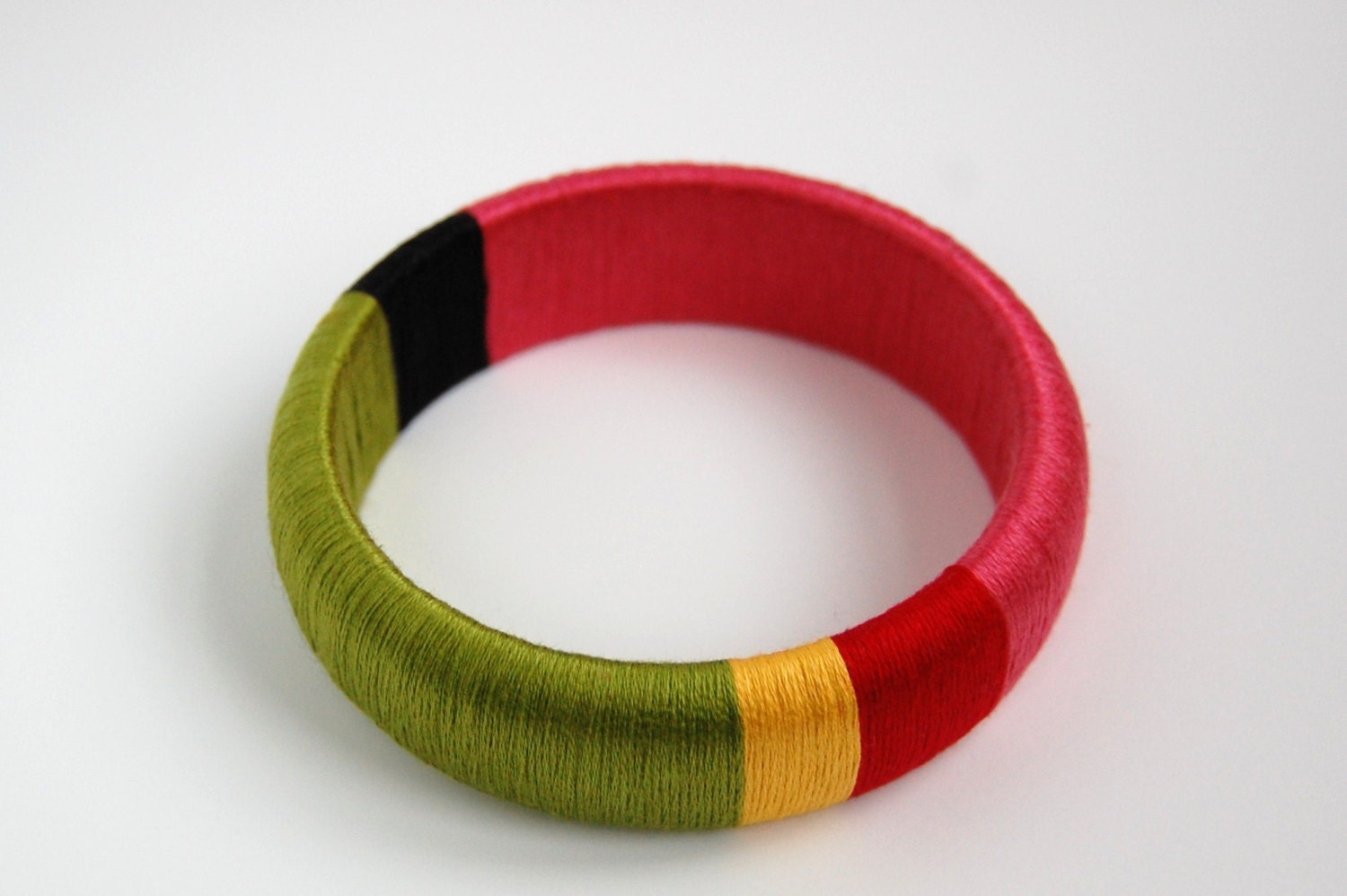 Multicolored Thread-wrapped Bangle - Pink, Lime Green, Yellow, Red, Black - WinstonGrady