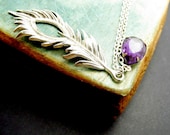 Rhinestone Feather Necklace, Antique Silver Feather Necklace, Purple Rhinestone, Silver Chain - BBbonte