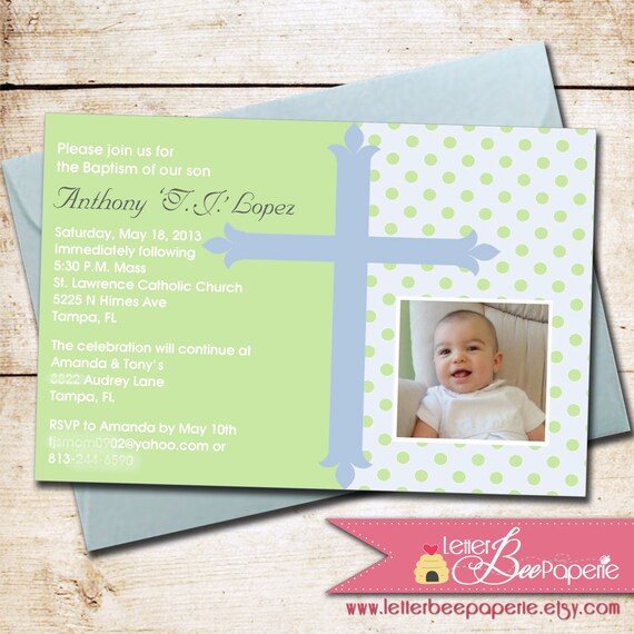Polka Dot Baptism / Christening Photo Invitation - Choose Your Colors - DIY Printable Photo Invite - Polkadots - Confirmation, Communion Il_570xn