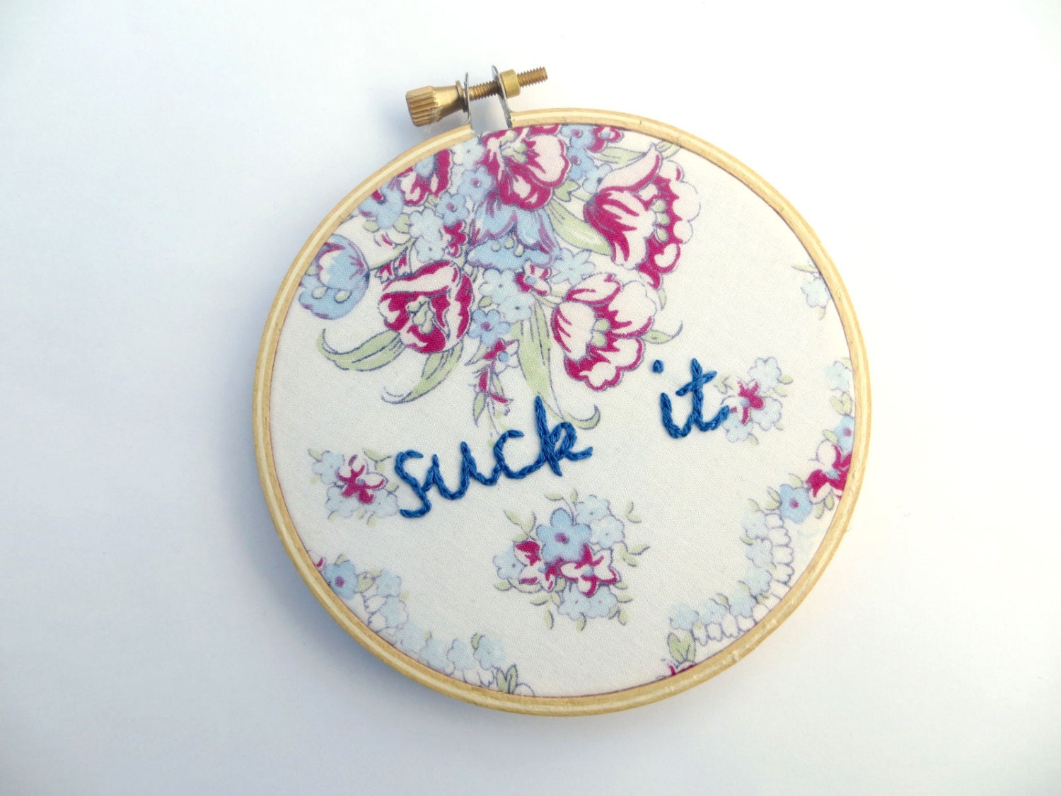 Suck It Hand-Stitched Embroidery Hoop Art - Embroidered Vintage Handkerchief Hipster Home Decor