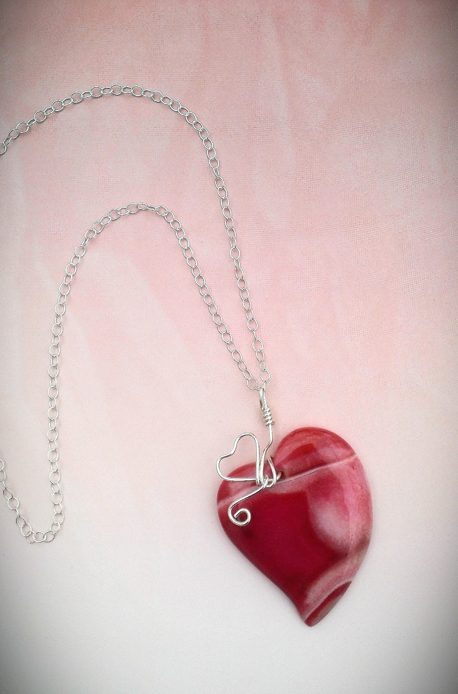 Pink Heart Necklace, Dragon Veins Agate Pendant, Sterling Silver Wire Wrap, Heart Charm, Valentine's Day Gift - SimpleGem