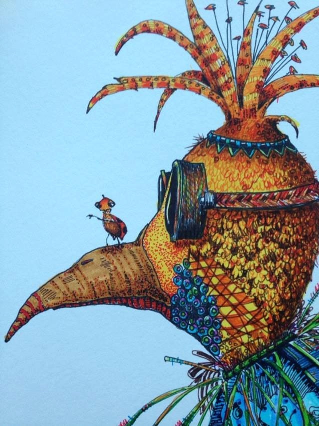 Steampunk bird drawing Print art drawing ink by pinkflamingo61