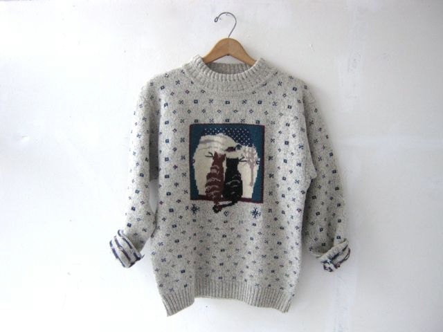 80s wool sweater. kitty cat sweater. winter snow sweater.