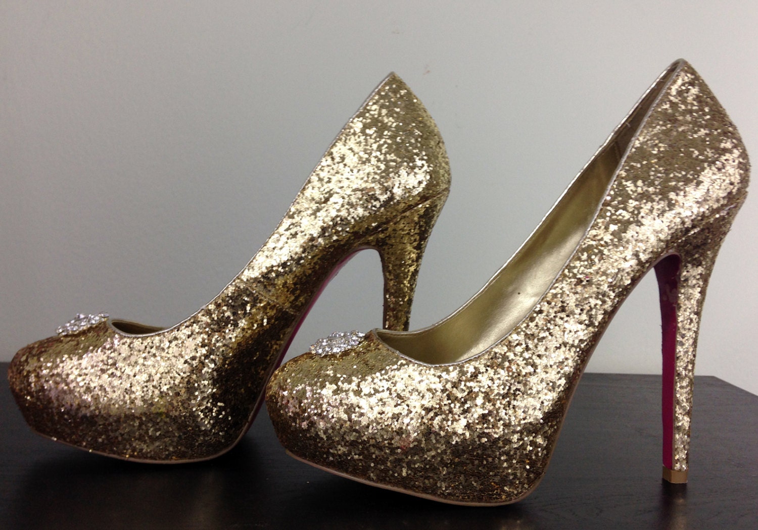 Sparkly Gold Heels with Added Rhinestone Detail at Toe - DelilahBurlesque
