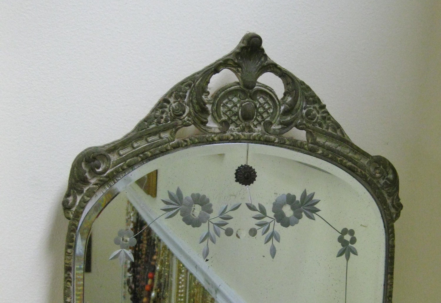 Vintage Etched Wall Mirror Ornate Wood Framed Gesso Art Deco