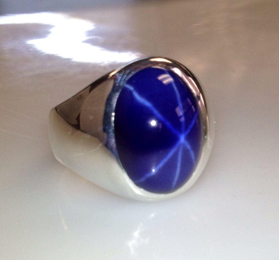 Mens Custom Heavy Sterling Silver Oval Blue Star Sapphire Ring