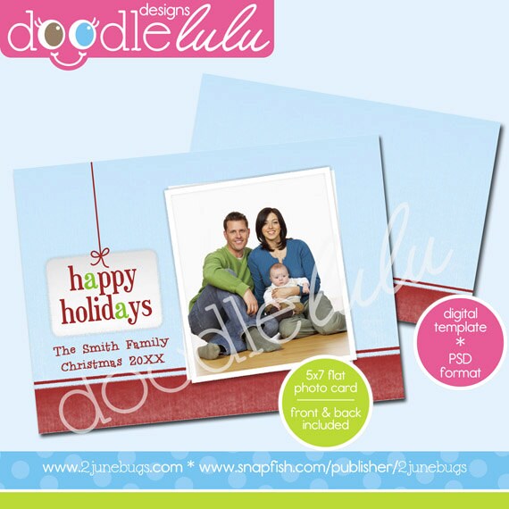 INSTANT DOWNLOAD Digital Printable 5x7 Happy Holidays Sign Blue Red Christmas Photo Card Template (Photoshop) PSD by Doodlelulu 2 june bugs Il_570xn