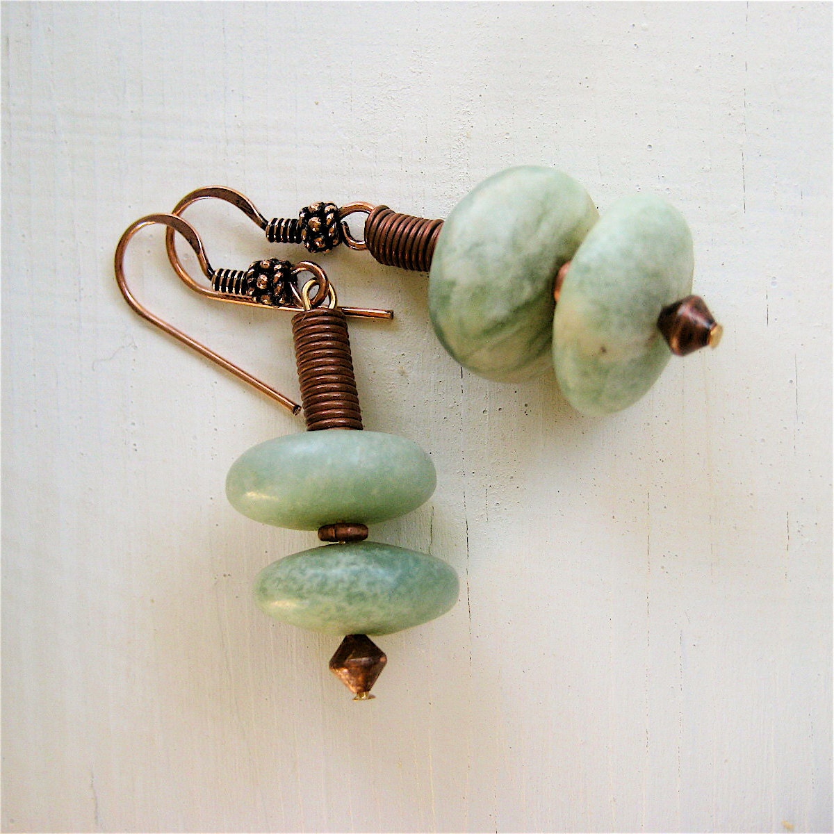 African Jade Earrings with Copper Soft Creamy Green Stone Buttons on Antiqued Copper French Hooks - CatchingWaves