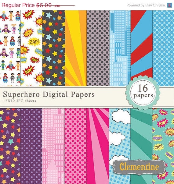 40% OFF SALE Superhero scrapbook paper 12x12, comic book digital scrapbooking paper, royalty free- Instant Download Il_570xn