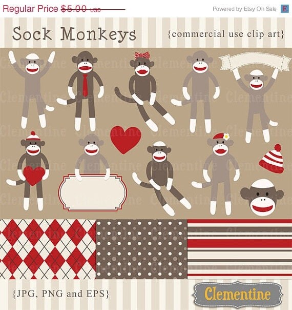40% OFF SALE Sock monkey clip art images, sock monkey clipart, sock monkey vector, royalty free clip art- Instant Download Il_570xn