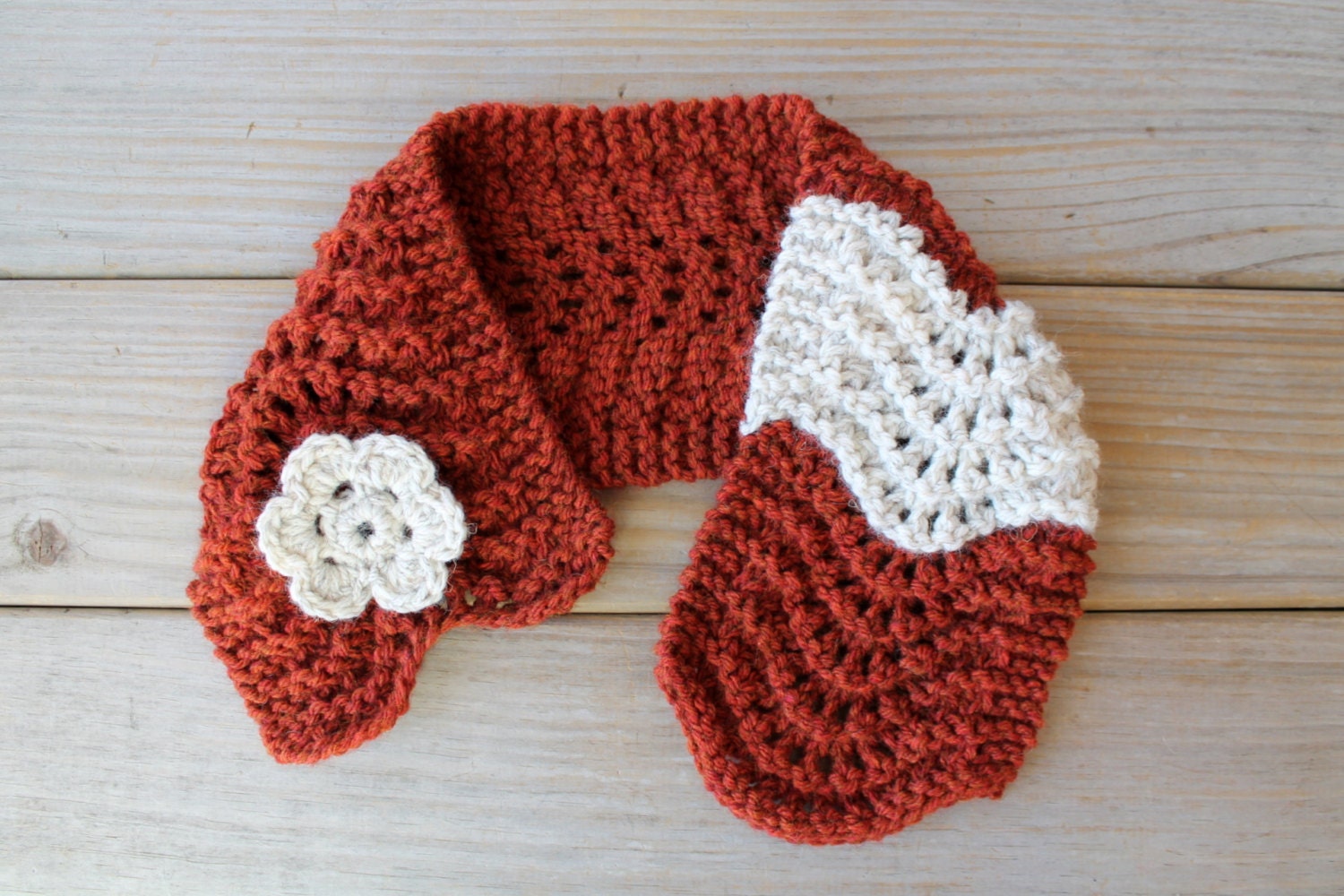Hand knit brick red scarf / winter white / cottage chic scarflette / rustic country inspired / crocheted flower brooch / neck cozy for her
