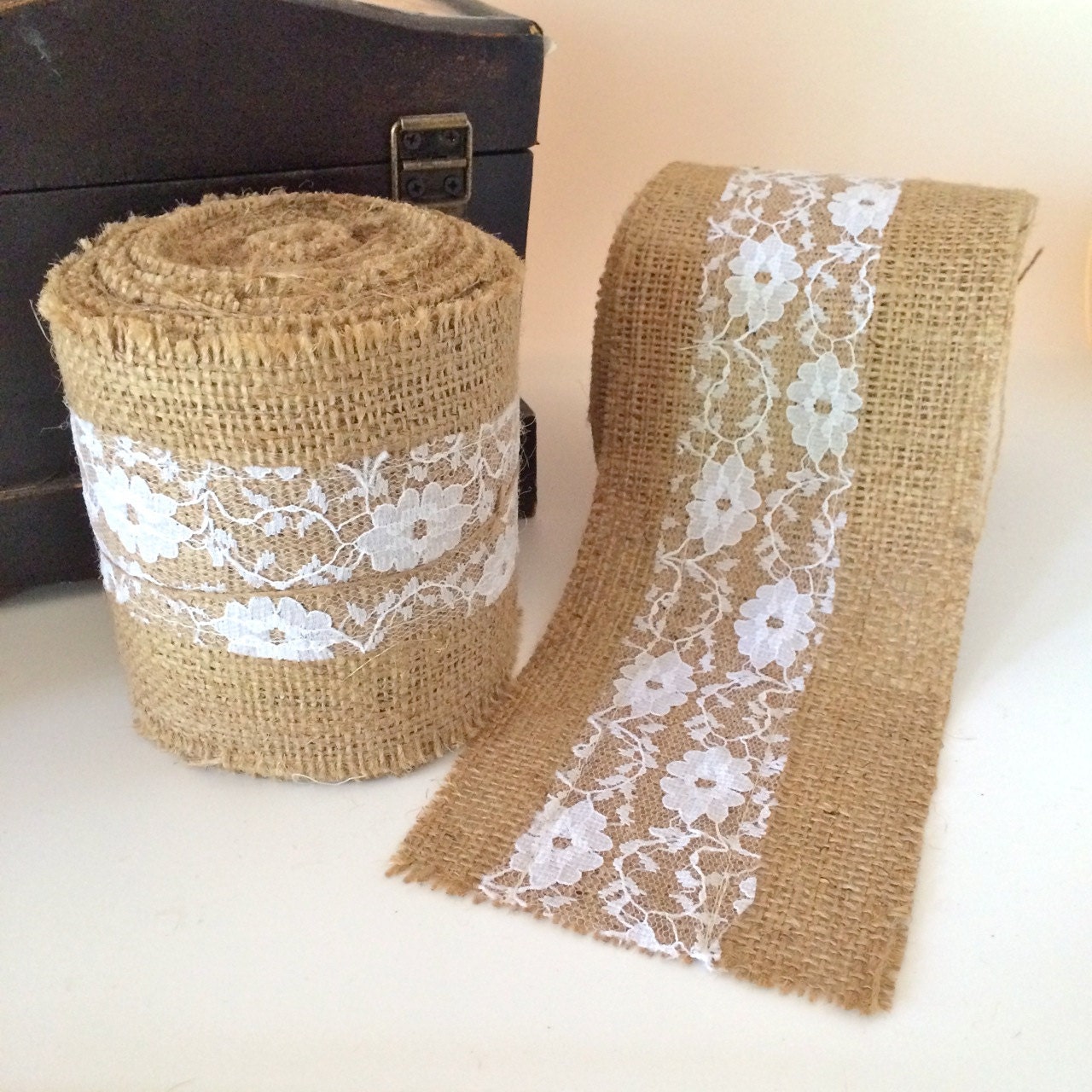 4 Burlap And Lace Ribbon Trim Natural Burlap With White