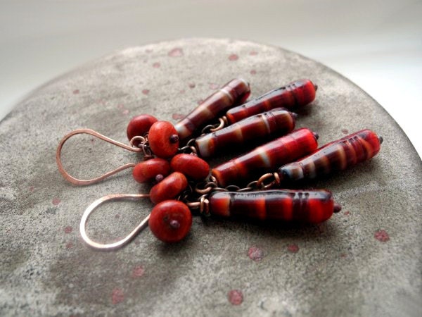 Coral dangle earrings, Copper long gypsy earrings, red Coral and red lampwork beads, boho maroon burgundy oxblood dark red - NurrgulaJewellery