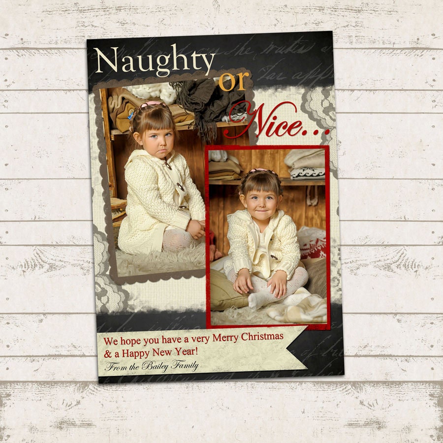 Naughty or Nice - Christmas Photo Card - 5x7 Printable Download - Happy Holidays, Blackboard, 2 Photo, chalkboard, Lace, Burlap, Vintage Il_570xn