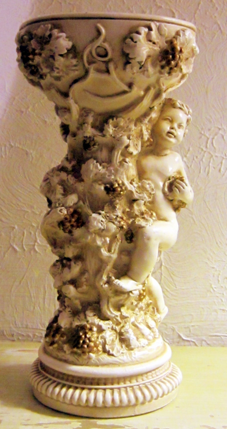 Cherub Urn Statue Planter Grape Leaf Design by JewelsRosesNRust
